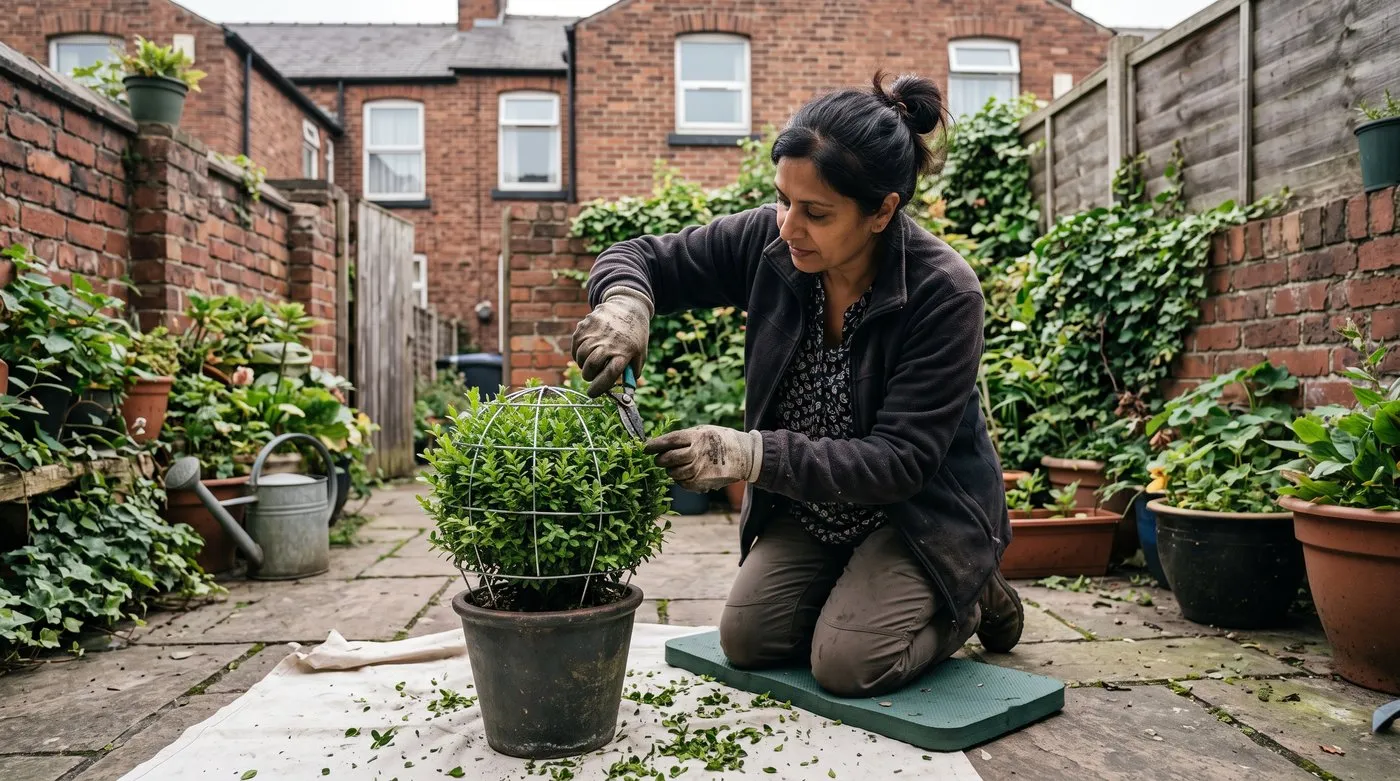 Gardener clipping a young box plant through a wire ball frame, with a sheet catching the clippings