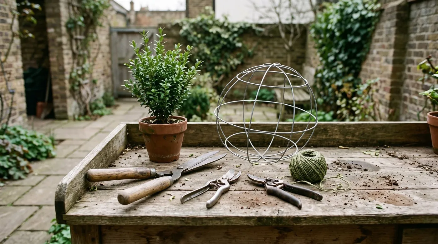 Hand shears, single-handed topiary shears, secateurs, twine and a wire ball frame on a potting bench