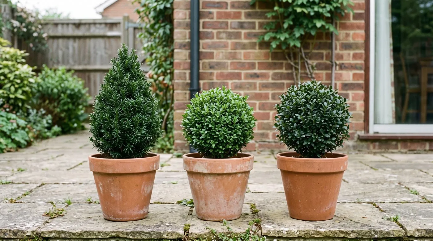 Young yew cone, box ball and Ilex crenata ball in terracotta pots side by side on a patio