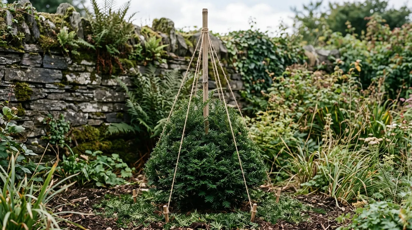 Young yew being shaped into a cone with strings running from a central cane to the base as guides