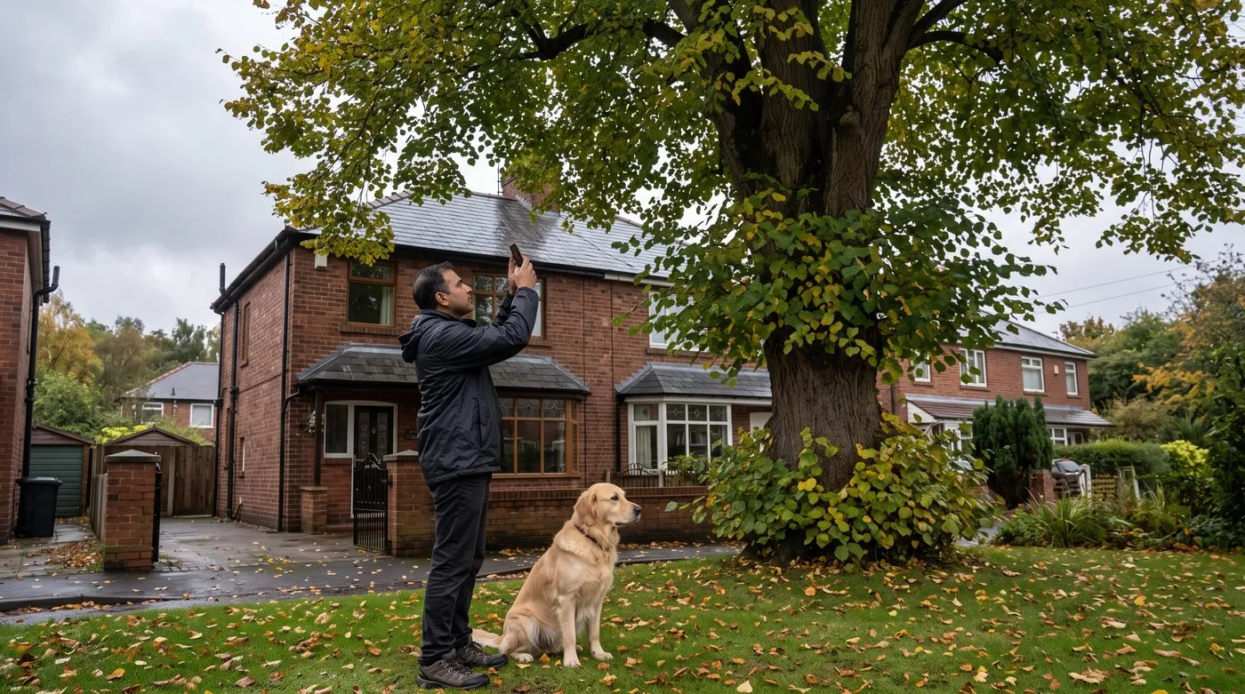 Homeowner photographing a large lime tree overhanging his roof, with a golden retriever on the lawn