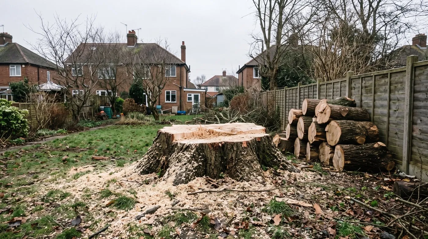 Fresh stump of a large felled oak with sawdust and stacked logs in a suburban back garden