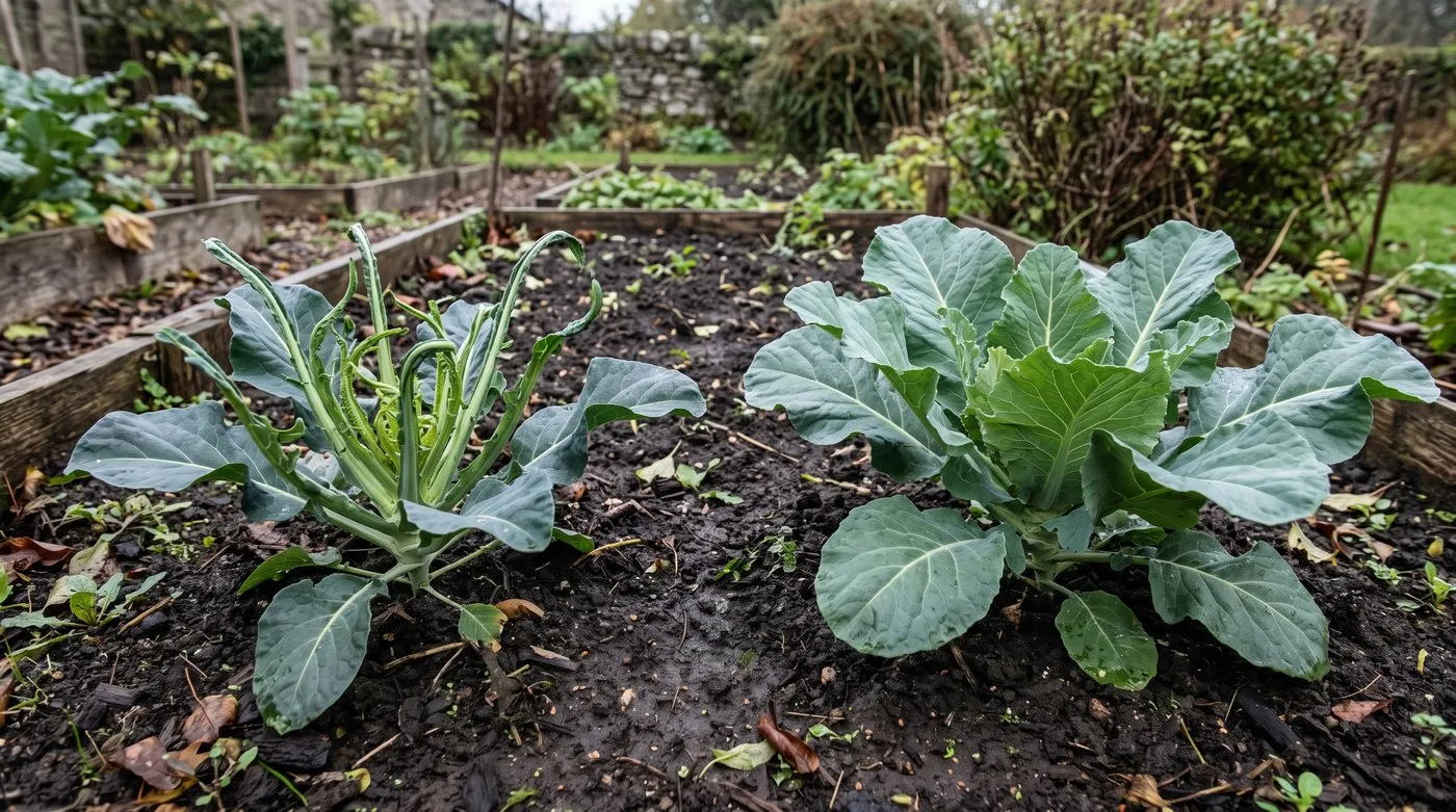 Cauliflower with narrow, twisted strap-like whiptail leaves beside a healthy cauliflower plant