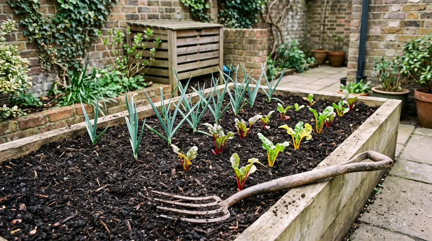 Raised veg bed mulched with dark garden compost around young leeks and chard