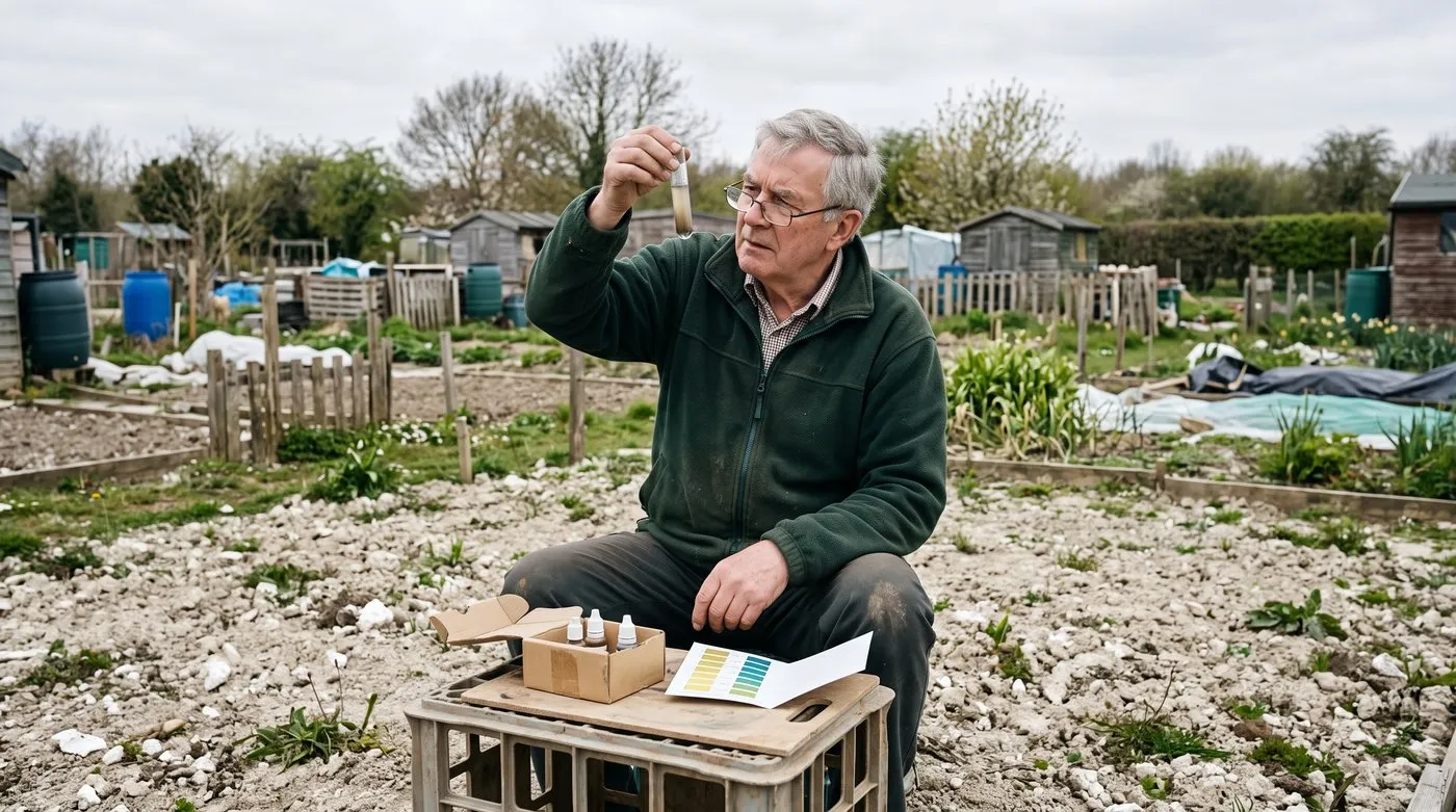 Older gardener checking a soil pH test tube against a colour chart on a chalky allotment