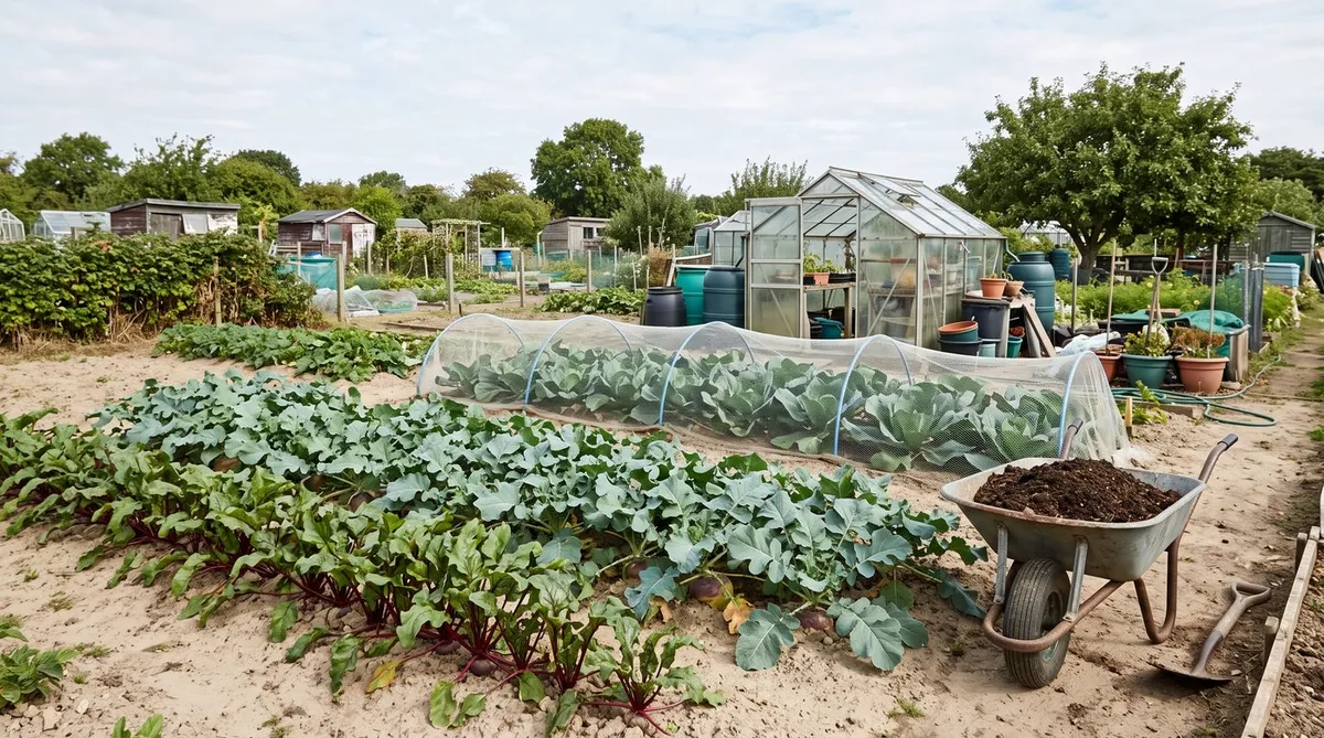 Allotment bed of swedes and beetroot on sandy soil with a wheelbarrow of compost beside it