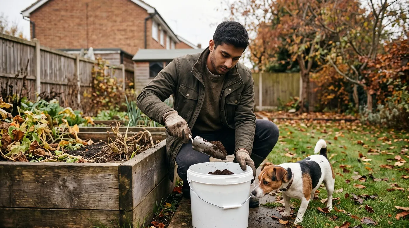 Gardener collecting soil from several spots in a raised bed into a bucket, with a terrier sniffing nearby