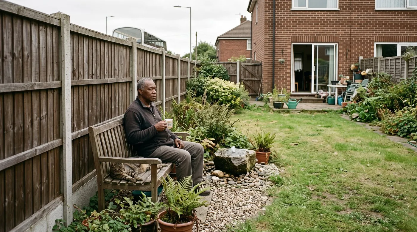 Man with a mug of tea and a tabby cat on a bench tucked against a tall fence beside a small water feature