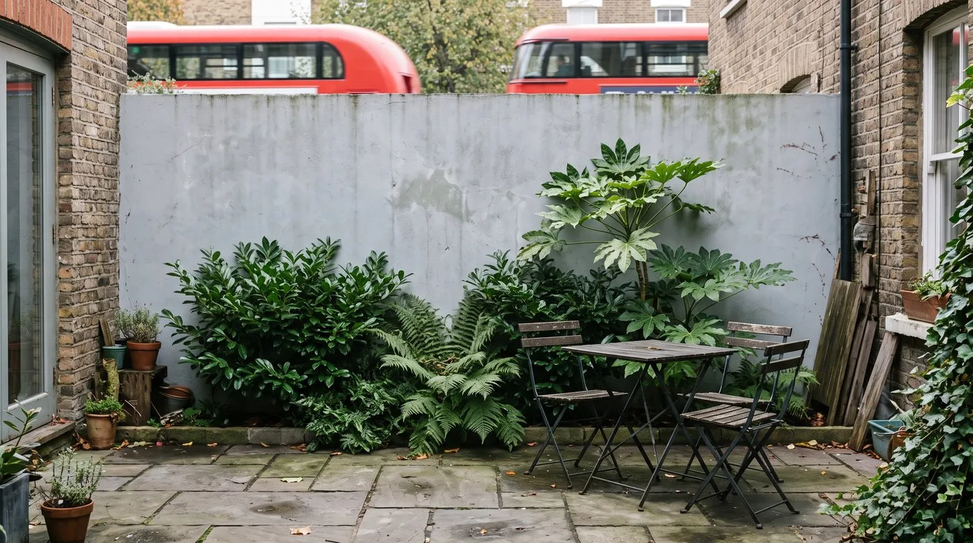 Tall rendered wall with evergreen planting in front, shielding a small city courtyard garden from a busy street