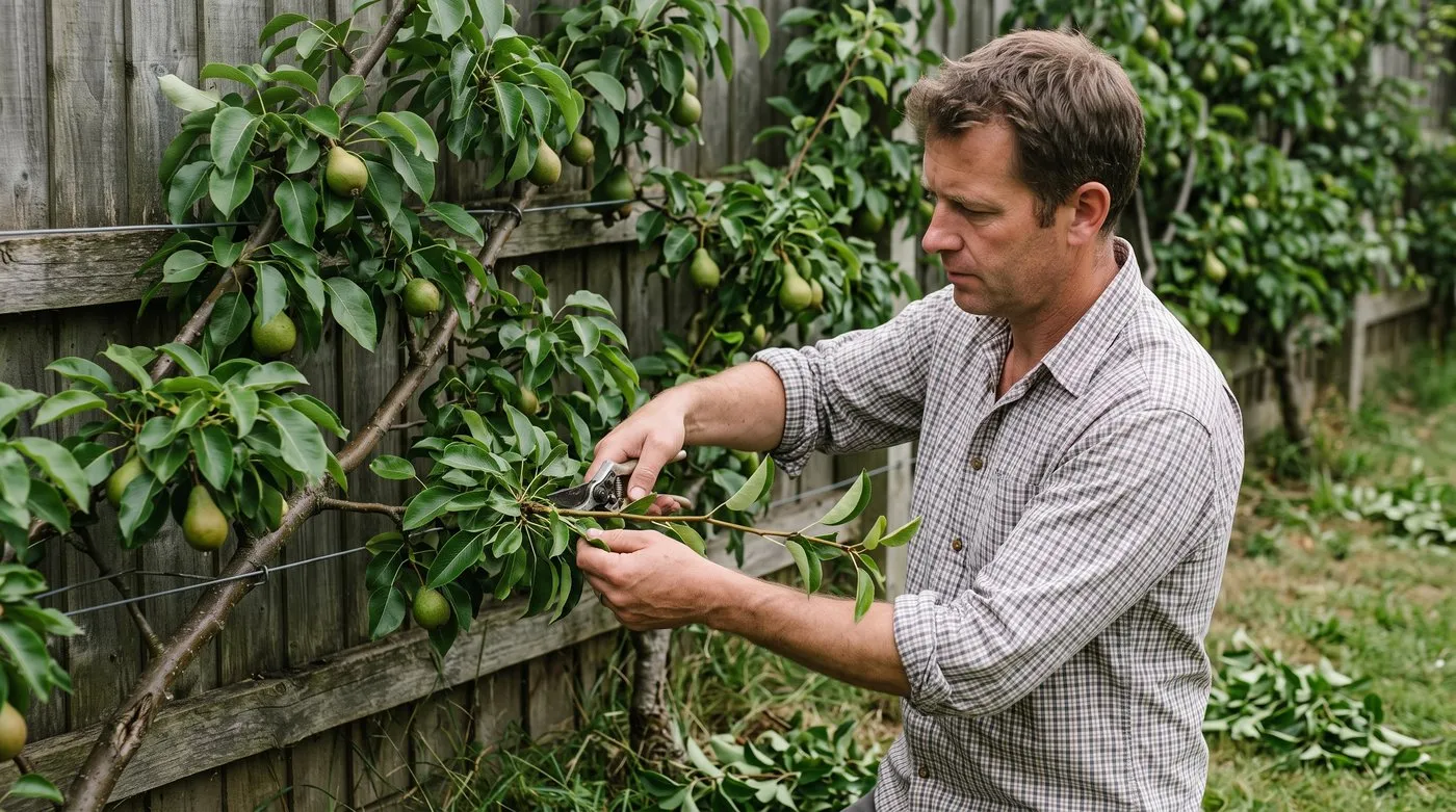 A man summer pruning a cordon pear, cutting a long side shoot back to three leaves above the base