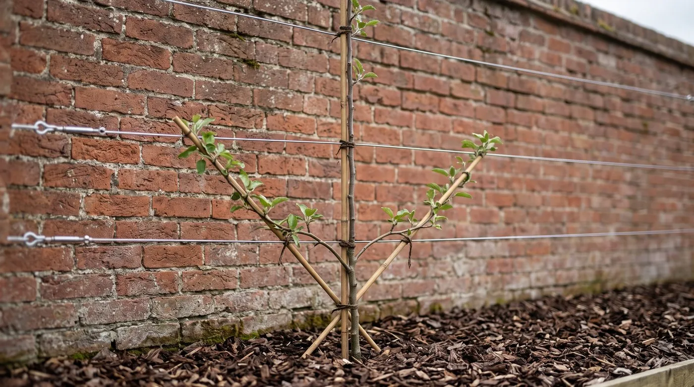 A young espalier apple with its first two side shoots tied to canes at 45 degrees above the lowest wire