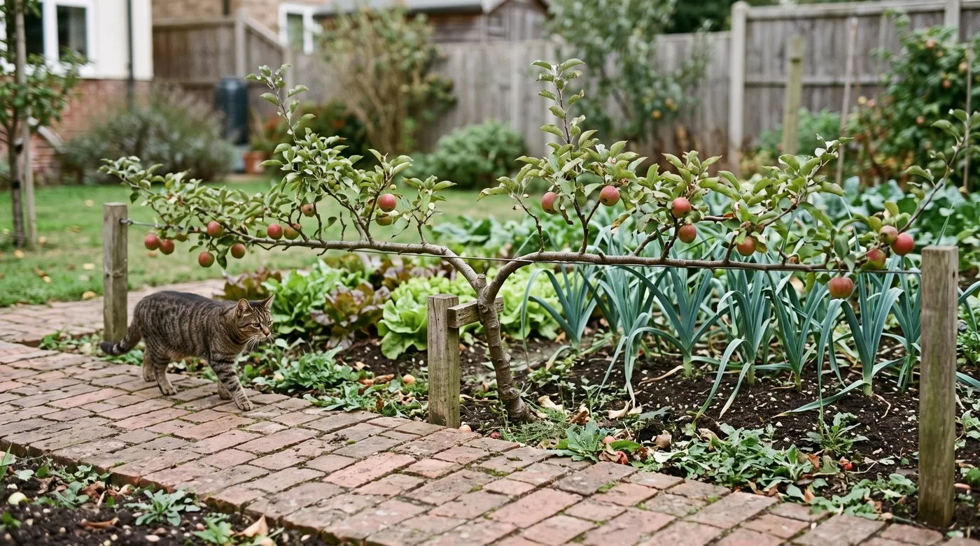 A knee-high step-over apple with ripening fruit edging a vegetable bed, with a cat on the path