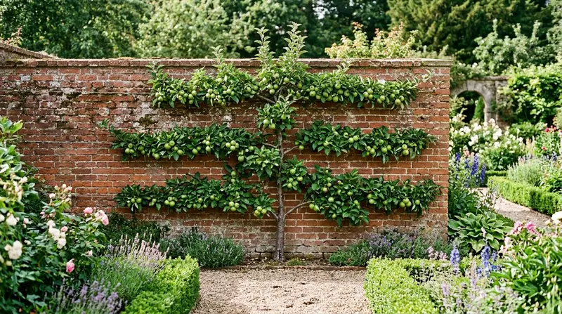 Espalier apple tree trained against a brick wall in an English walled garden