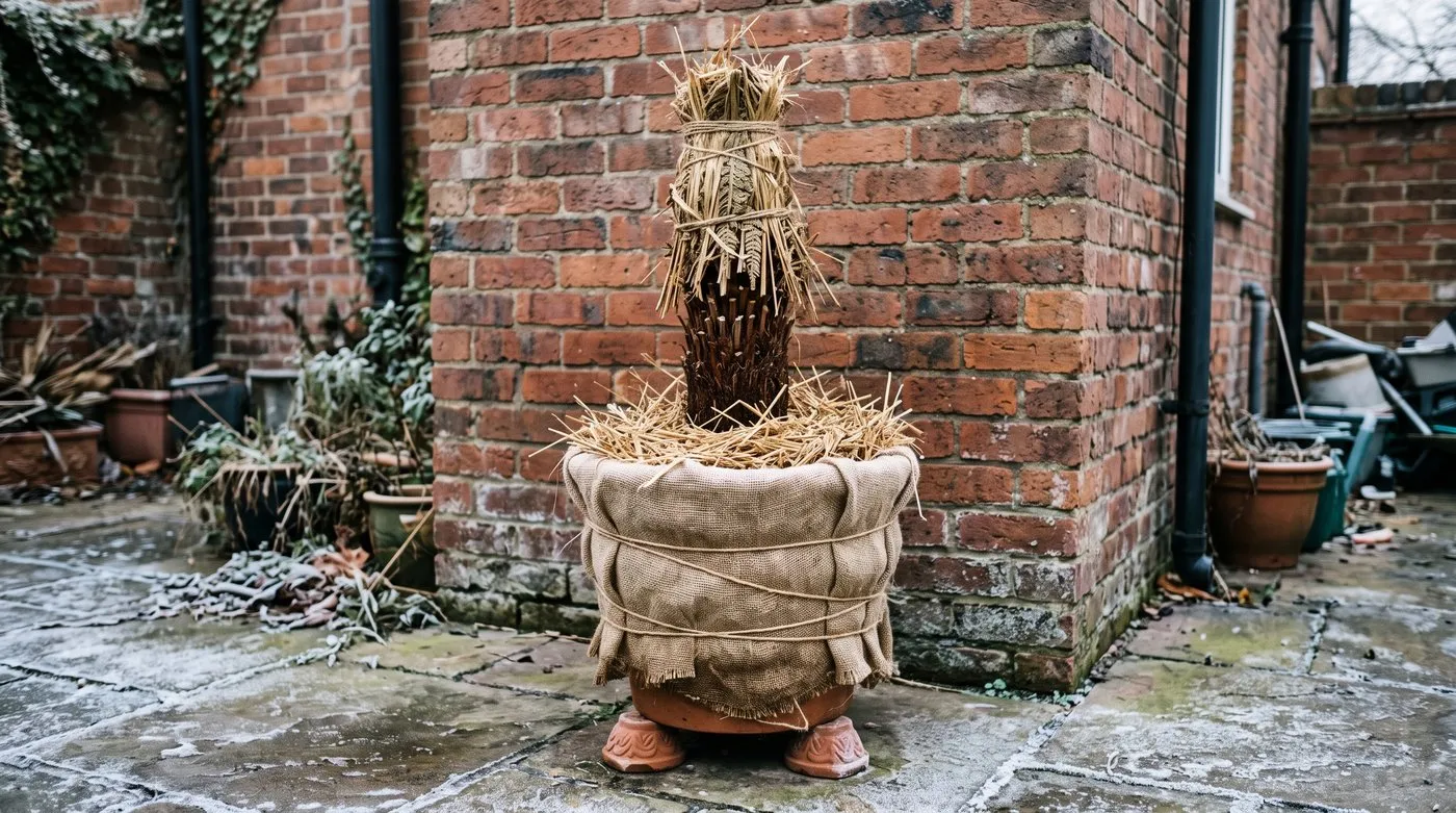 Potted tree fern against a brick wall with its crown packed with straw and its pot wrapped in hessian