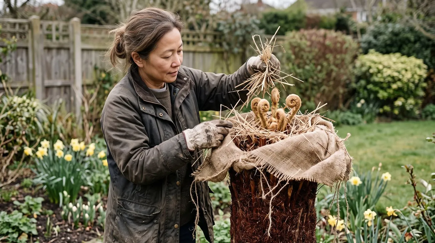 Gardener lifting straw out of a tree fern crown in spring to reveal new coiled croziers