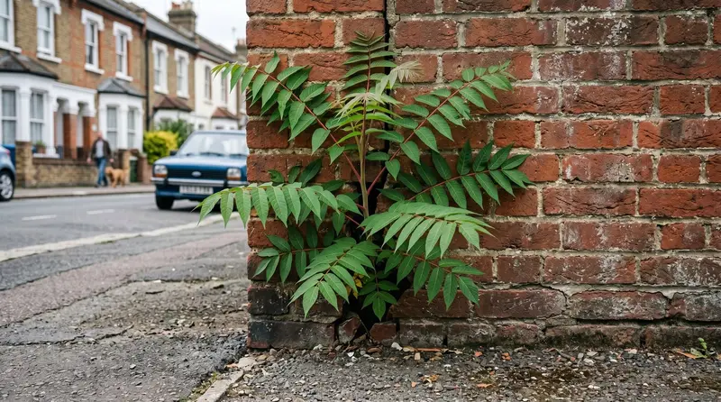 Tree of Heaven sapling growing from the base of a brick wall on a UK street