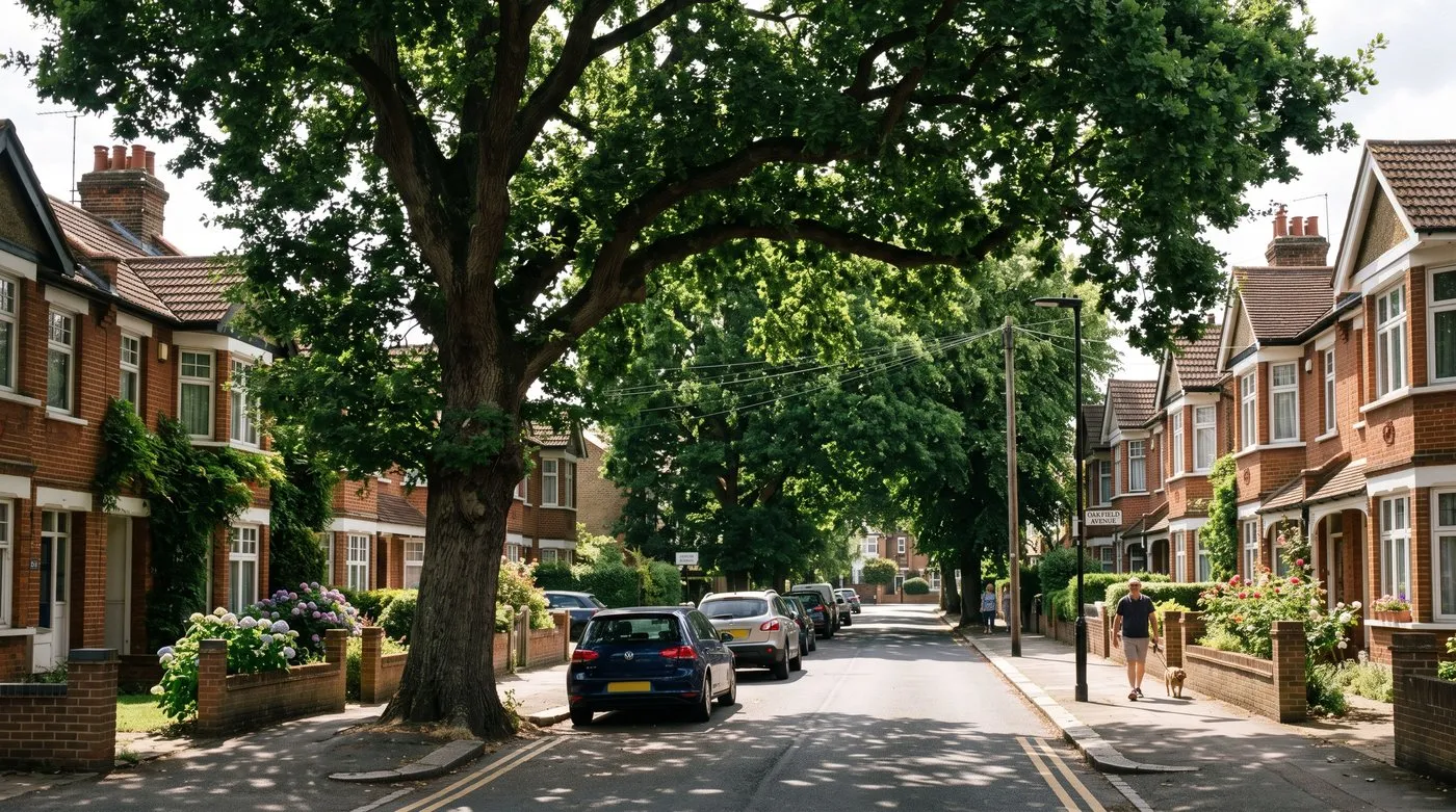 Protected mature oak with a broad canopy shading a UK residential street, the kind of amenity tree councils cover with a TPO