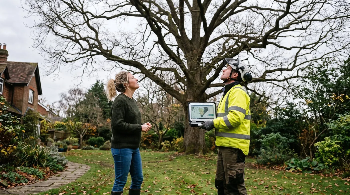 A homeowner and a tree surgeon looking up at a large protected garden tree, one holding a tablet, assessing works before applying