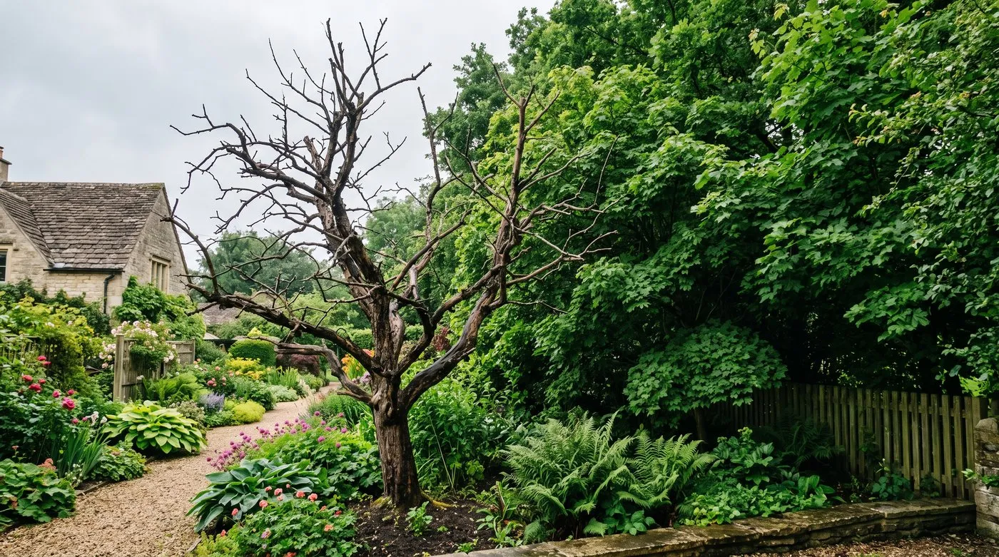 A bare dead tree standing beside healthy leafy trees in a UK garden, showing the difference the dead tree exemption relies on