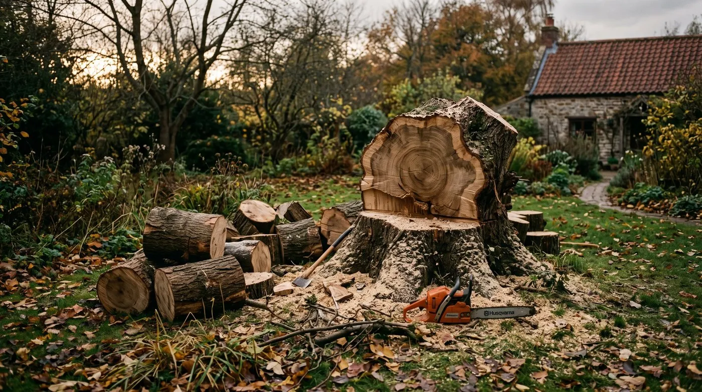 The fresh cut stump and sawdust of a large felled tree in a UK garden, illustrating the loss a TPO is designed to prevent