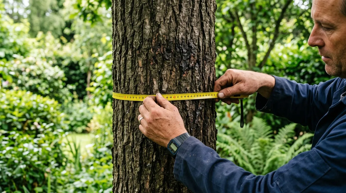 Tree officer measuring a tree trunk with a diameter tape 1.5 metres above ground to check the 75mm conservation area threshold