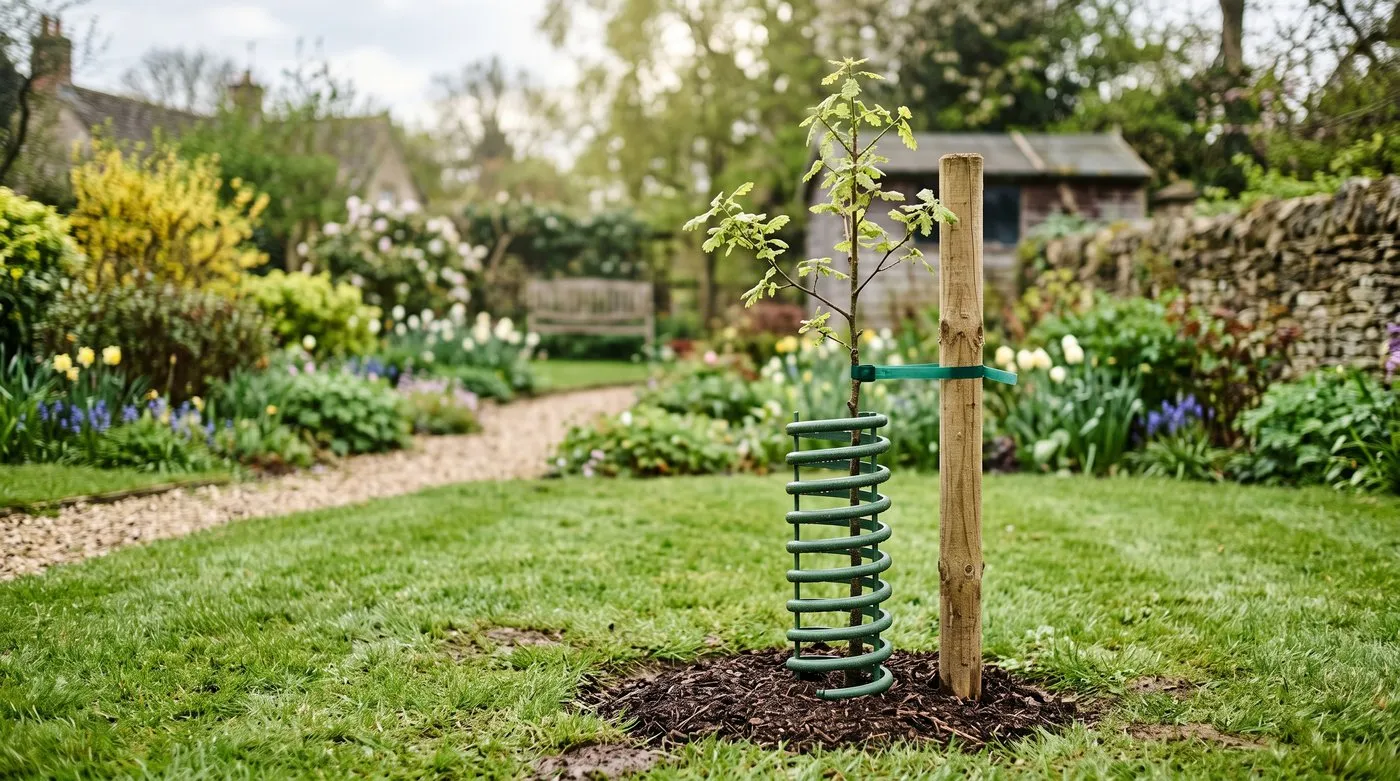 A newly planted young tree with a wooden stake and rabbit guard in a UK garden where a larger tree once stood