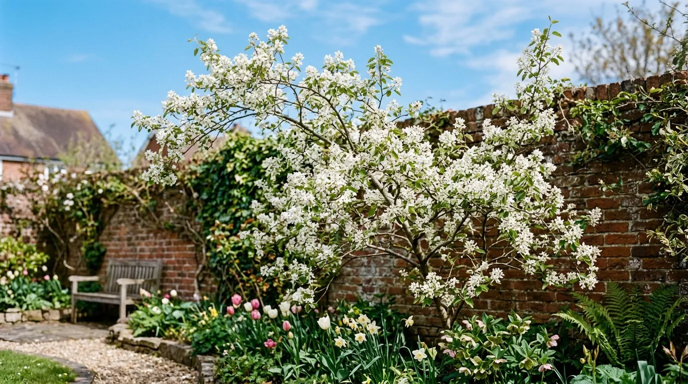Small garden trees amelanchier with white spring blossom in a UK urban garden