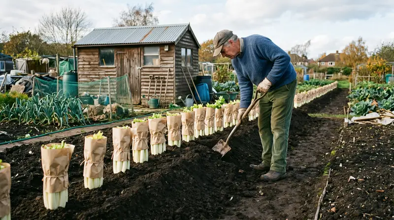 A long trench of exhibition celery being earthed up on a UK allotment with blanched collared stems