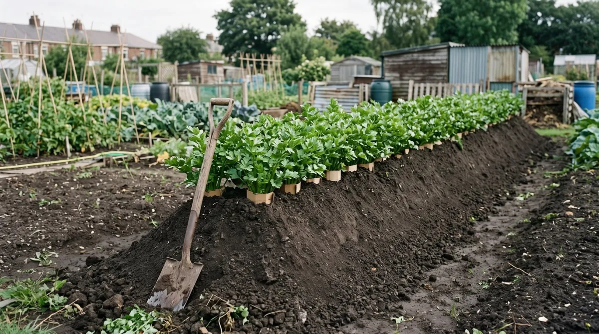Row of trench celery earthed up into a steep mound with only the leafy tops showing on an allotment
