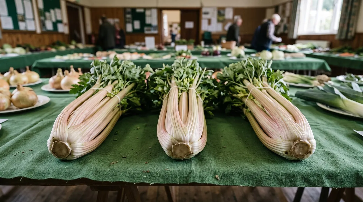 Three matched heads of blanched trench celery staged side by side on a village show table