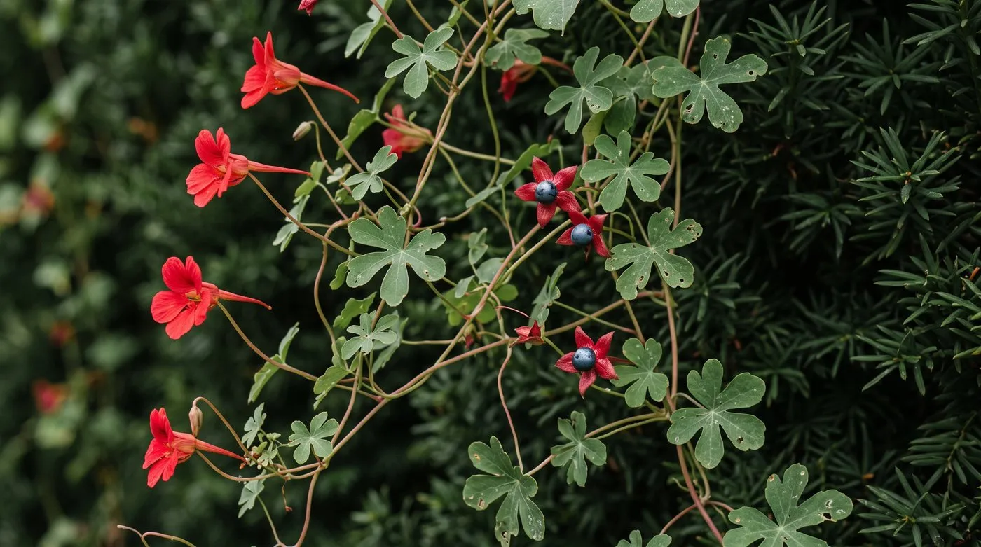 Scarlet Tropaeolum speciosum flowers with lobed leaves and blue berries against dark yew