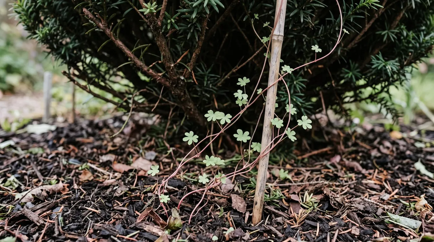 Young Tropaeolum speciosum shoots twining into the base of a yew hedge beside a cane marker