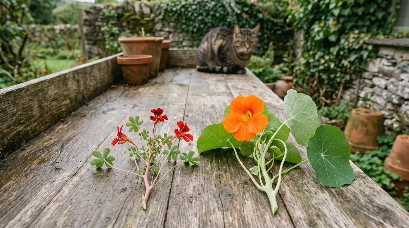 Tropaeolum speciosum stem with lobed leaves beside a garden nasturtium with round leaves on a bench