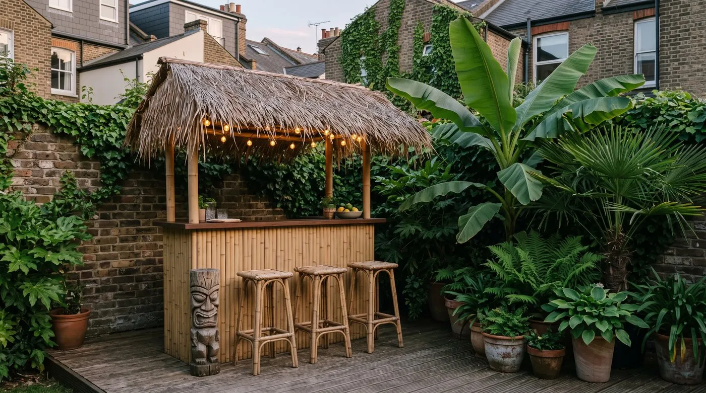 Bamboo garden bar with a thatched roof and stools on a deck beside a banana plant and palm
