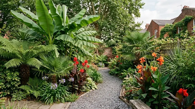 A lush tropical-style UK garden with hardy bananas, tree ferns, palms and cannas around a winding path
