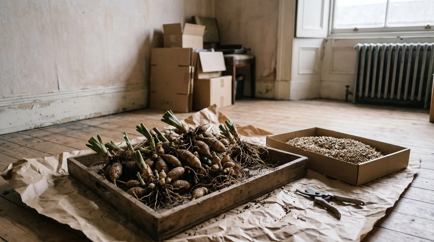 Lifted tuberose tubers and small offsets drying on a tray beside a box of dry vermiculite indoors