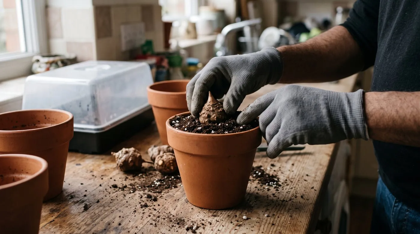 Gloved hands potting tuberose tubers into terracotta pots with the tips just at the compost surface