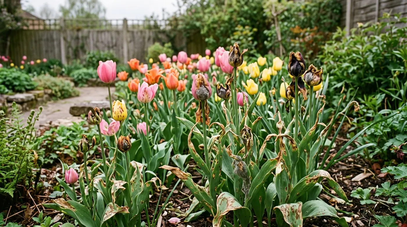 Tulips distorted and scorched with brown spots and grey mould from tulip fire in a UK spring border