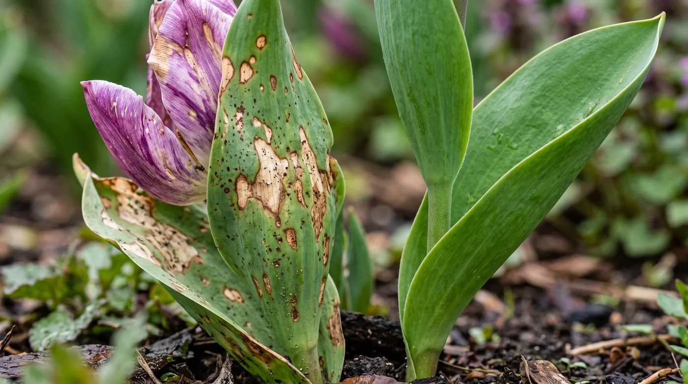 Close-up of tulip leaves and petals spotted with brown fire lesions beside a clean healthy green tulip leaf