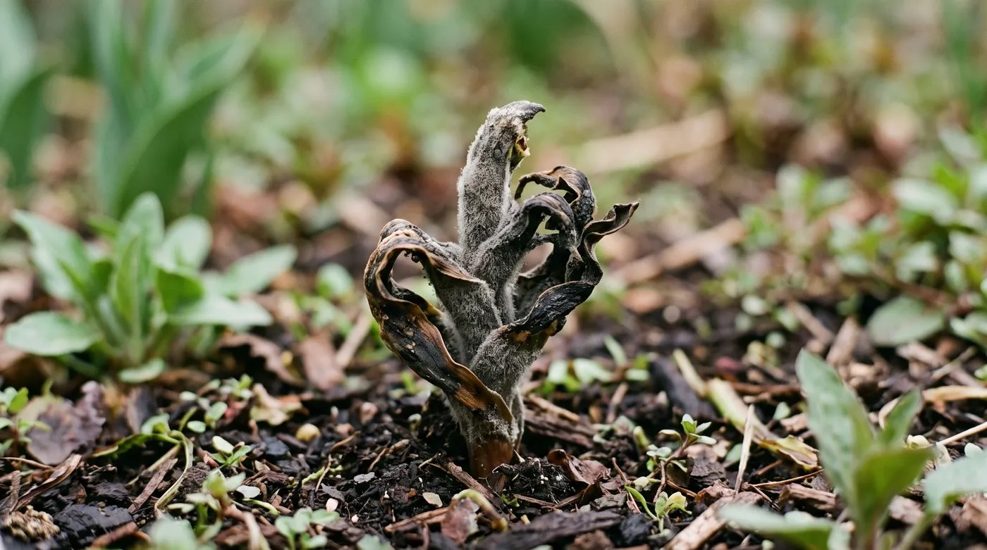 A distorted stunted tulip primary shoot covered in grey Botrytis mould emerging in a spring border