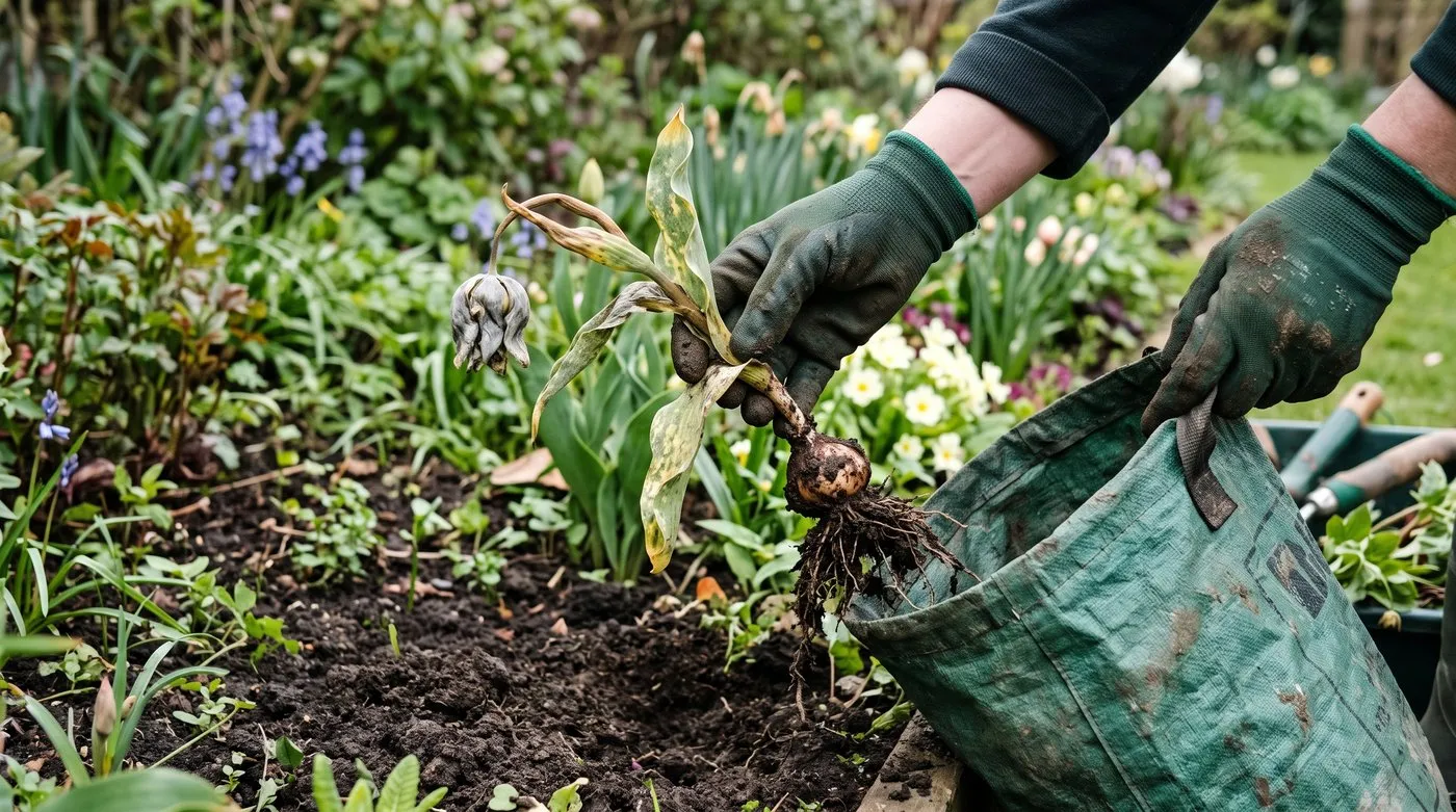 Gloved hands lifting a distorted grey-moulded tulip plant complete with bulb into a bag for disposal