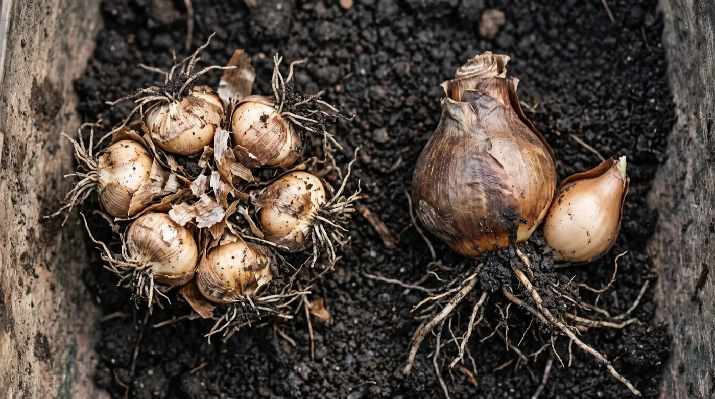 Tulip bulbs lifted after two years showing a hybrid bulb split into small offsets beside an intact species bulb