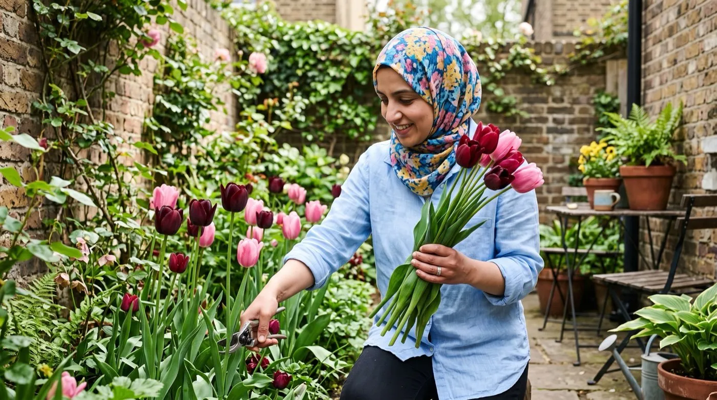 A woman in a hijab cutting tulips with secateurs in a city garden, gathering long-stemmed Single Late tulips into a bunch
