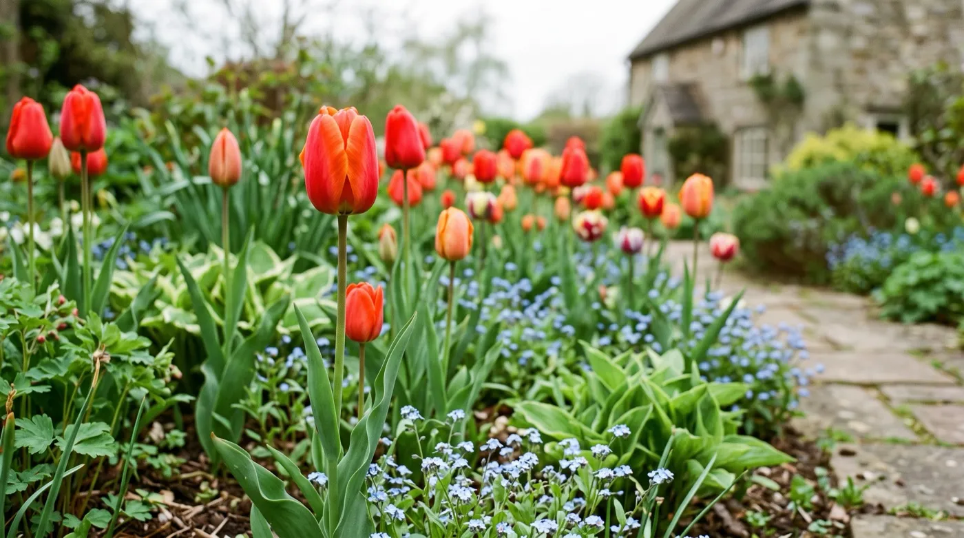 Darwin Hybrid tulips in full flower in a Staffordshire border, showing tall stems and large pyramid-shaped buds