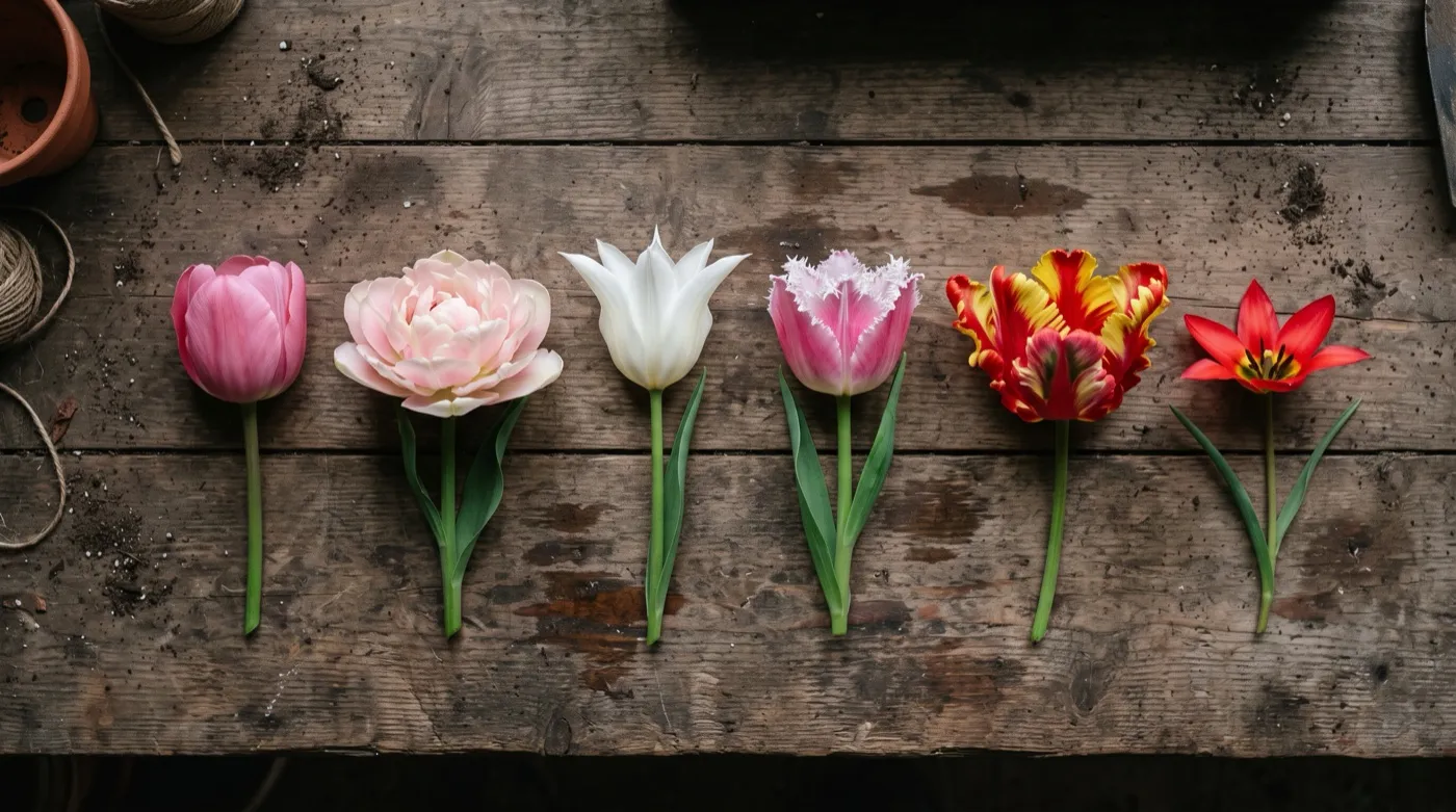 Tulip types from six divisions side by side: single, double, lily-flowered, fringed, parrot and species flower shapes