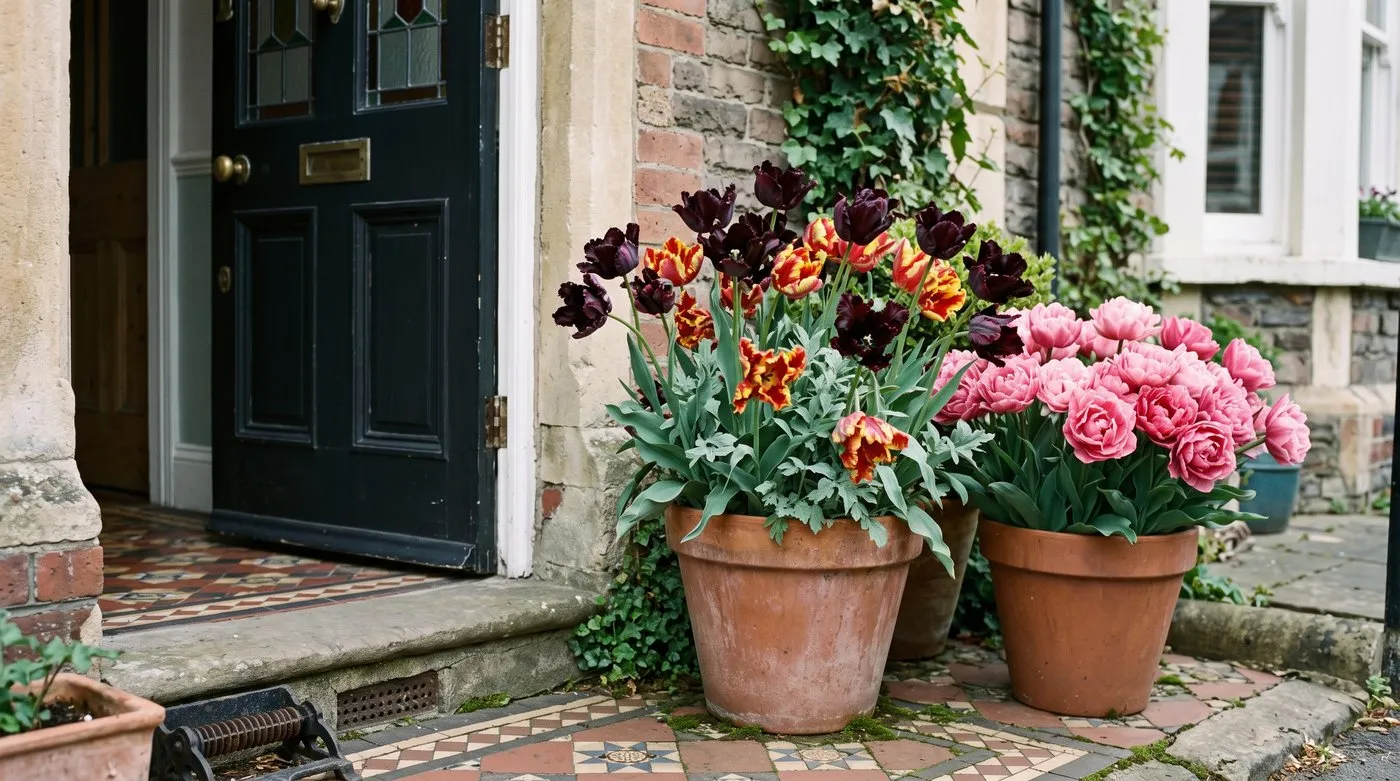 Terracotta pot of ruffled Parrot tulips beside a pot of pink double late tulips at a front door