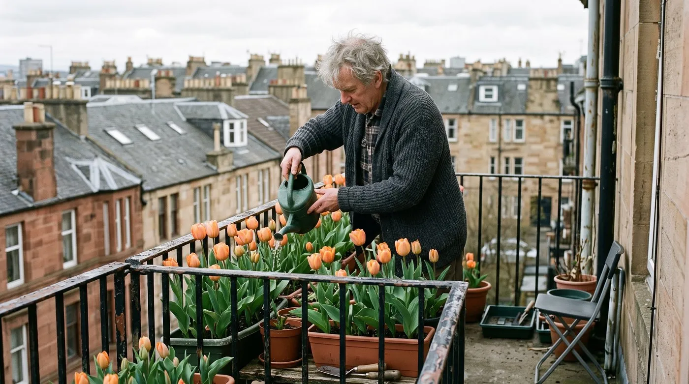 Older man watering pots of short orange Single Early tulips on a city flat balcony in April