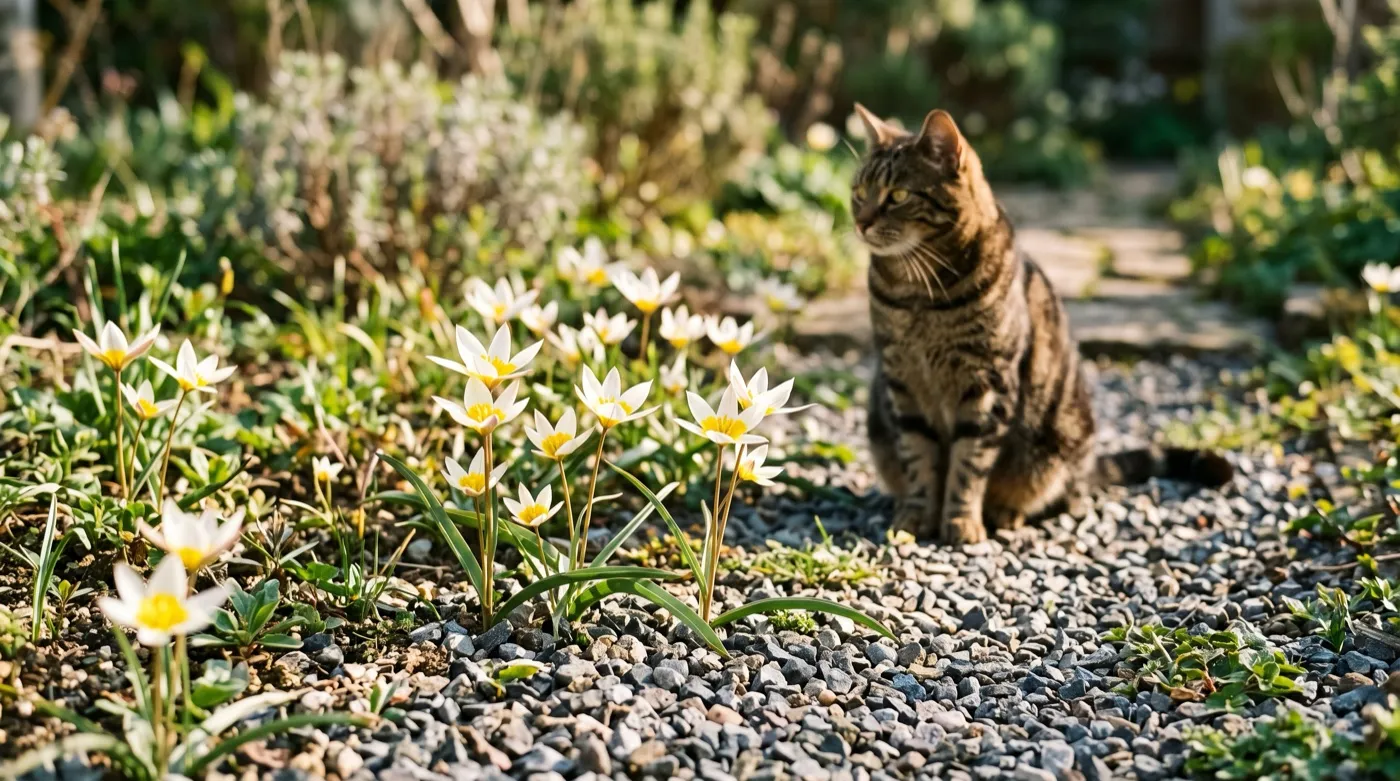 Species tulips flowering in a gravel garden with a cat sitting among them in spring sunshine