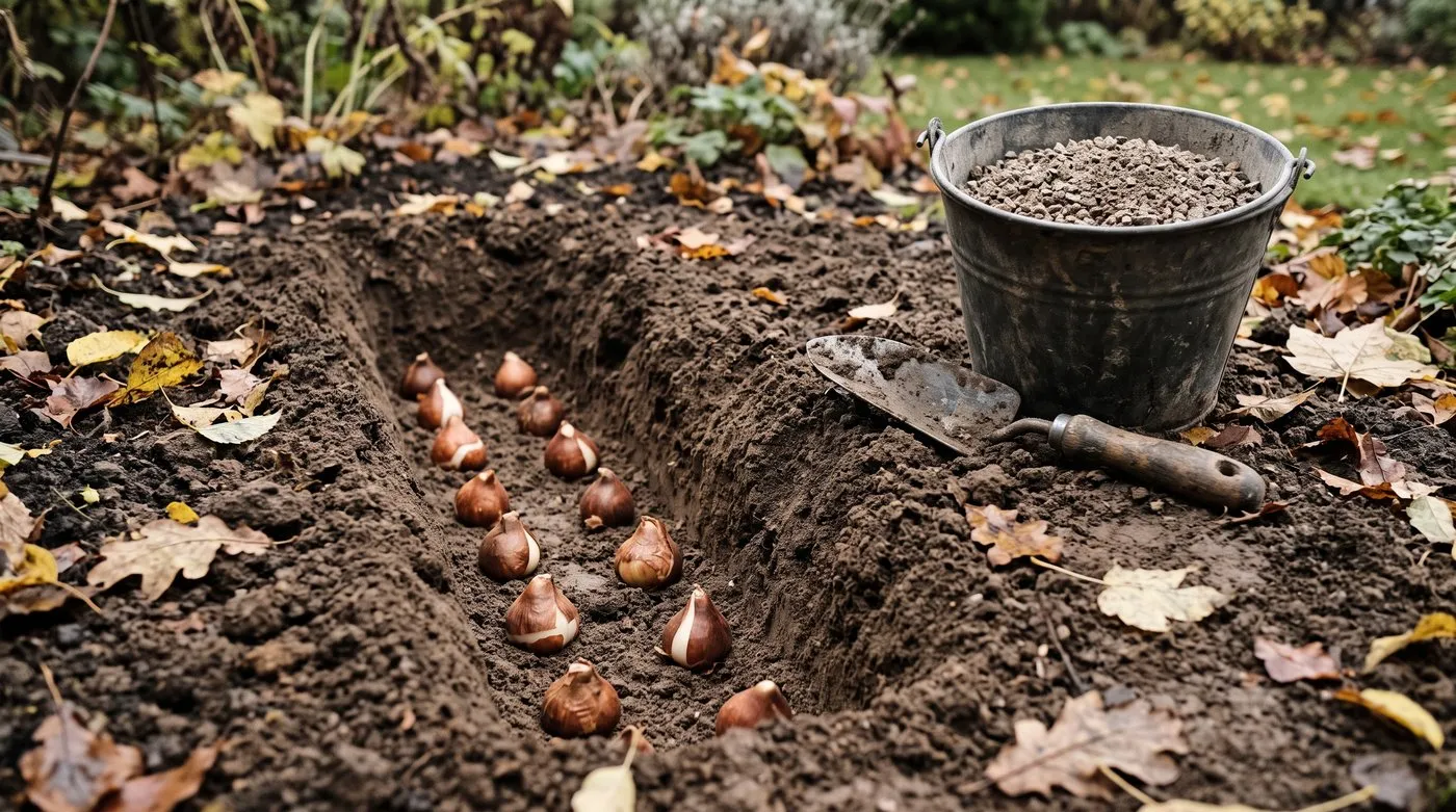 Tulip bulbs set pointy end up about 10cm apart in a deep planting trench