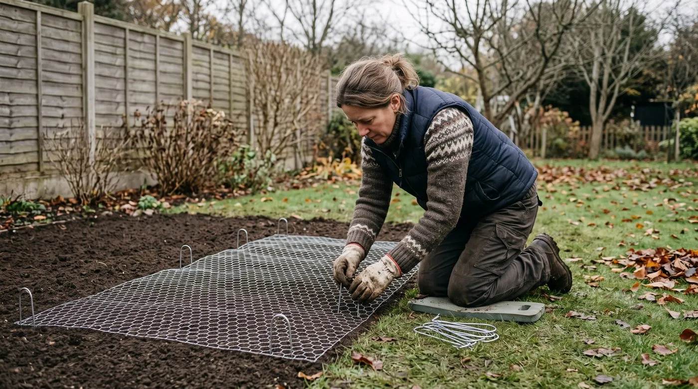 Gardener pegging chicken wire flat over a newly planted tulip bed to stop squirrels digging